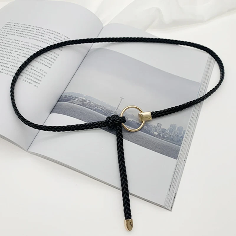 

High Quality Pu Leather Thin Belt Women's Wild Decoration Sweater Decoration Belt Retro Fashion Ins Wind Ring Knotted Belt