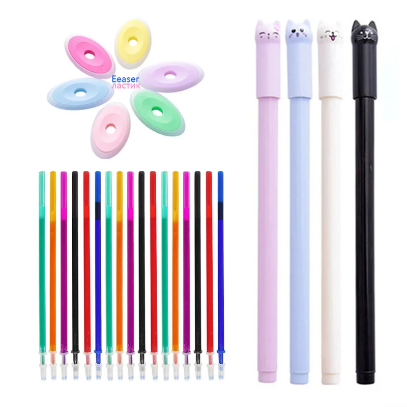 15pcs/lot Cartoon Cat Erasable Pen Washable Handle Colored Ink Erasable Gel Pen Refill Rods For School Office Writing Stationery