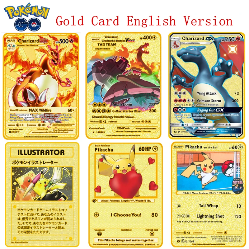 

Newest Pokemon Charizard Vmax V Pikachu GX EX Shiny Gold Metal Card Game Tag Team Fighting Ordering Series Child Christmas Gift