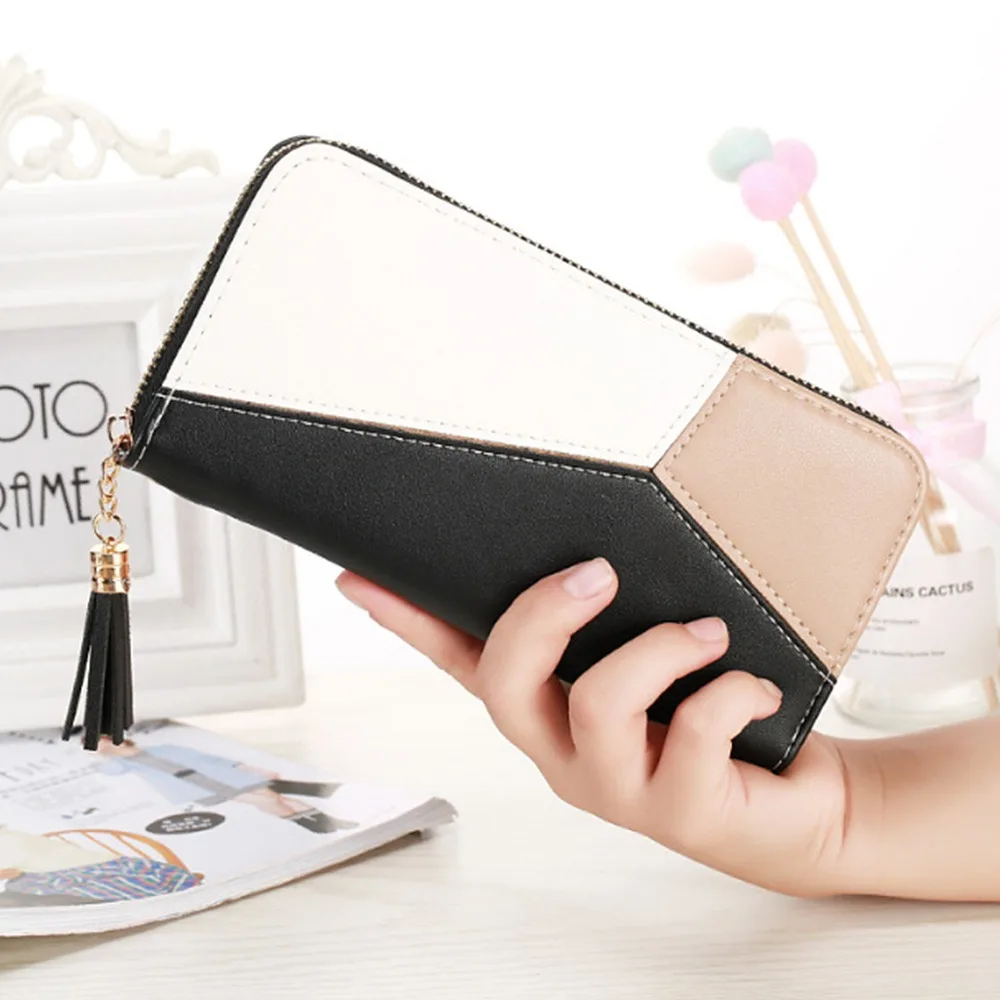 

Geometric Luxury Brand Leather Women Wallets Long Zipper Coin Purses Tassel Design Clutch Wallet Female Money Credit Card Holder