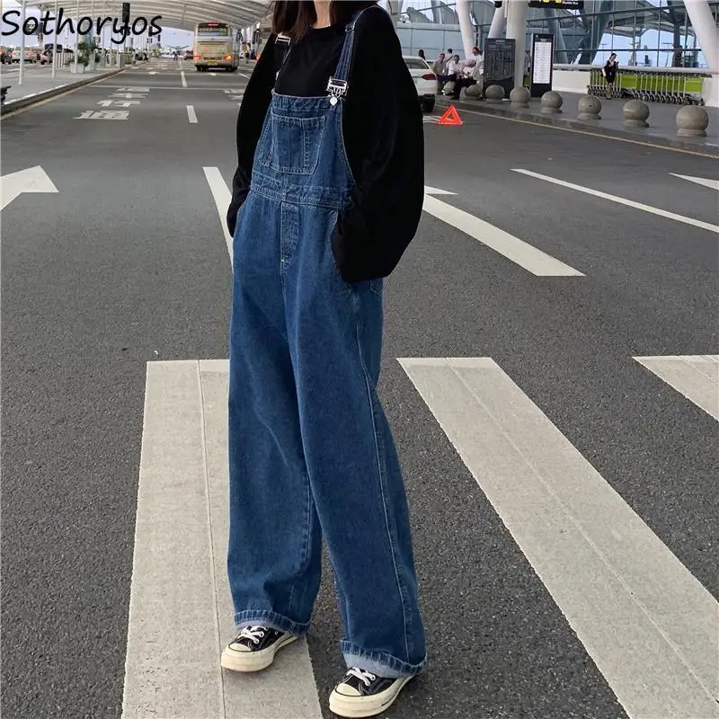 

Jumpsuits Women Wide-leg Vintage Loose All-match Students BF Korean Style Denim Trousers Straps Stylish Ulzzang Simple Chic New