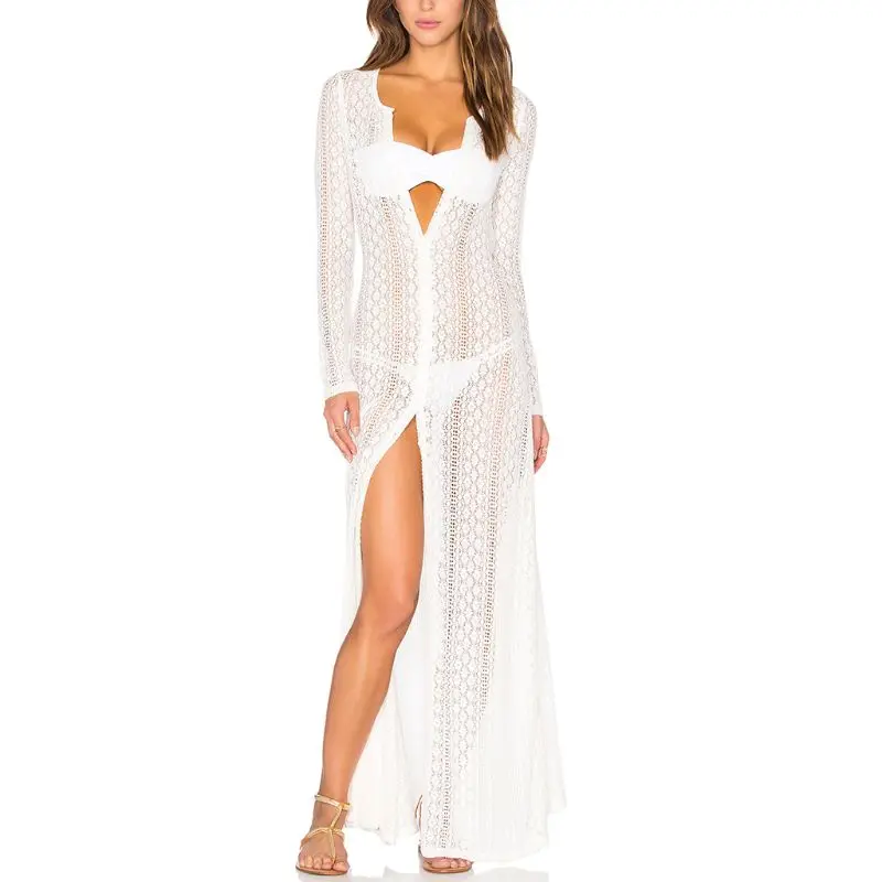 

Женское летнее бикини с длинными рукавами, вязаное крючком, с цветочным кружевом, на завязках, с высокой талией, макси кимоно, кардиган на пу...