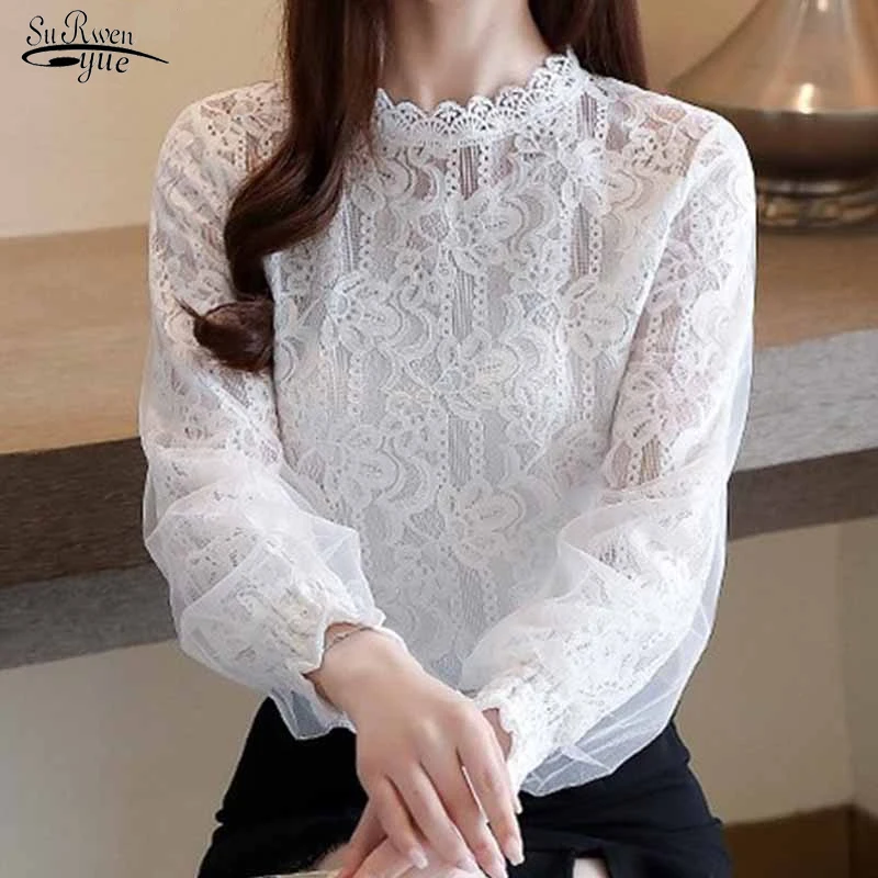 

White Shirt Women 2021 New Puff Sleeve Blouses Casual Office Lady Vintage Autumn Women Elegant Lace Blouse Women Top Mujer 11196