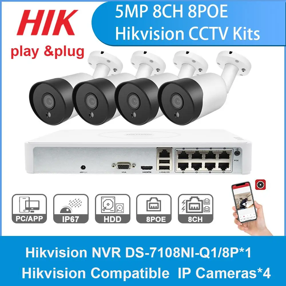 

Hikvision совместимые наборы DS-7108NI-Q1/8P 8POE NVR и 5-мегапиксельная IP-камера Bullet POE 30M IR Встроенный микрофон 4 шт. Plug & play система видеонаблюдения