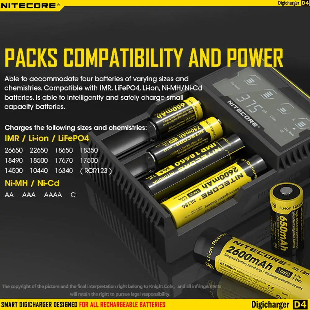 Оригинальное зарядное устройство Nitecore D4 умное с ЖК-дисплеем для аккумуляторов