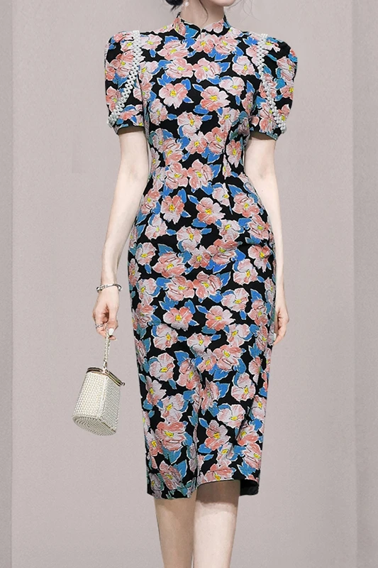 

Women Long Dress Summer 2021 Office Lady Cheongsam Vintage Print Short Sleeve Stand Neck Beading High Waist Dresses Traf Robe