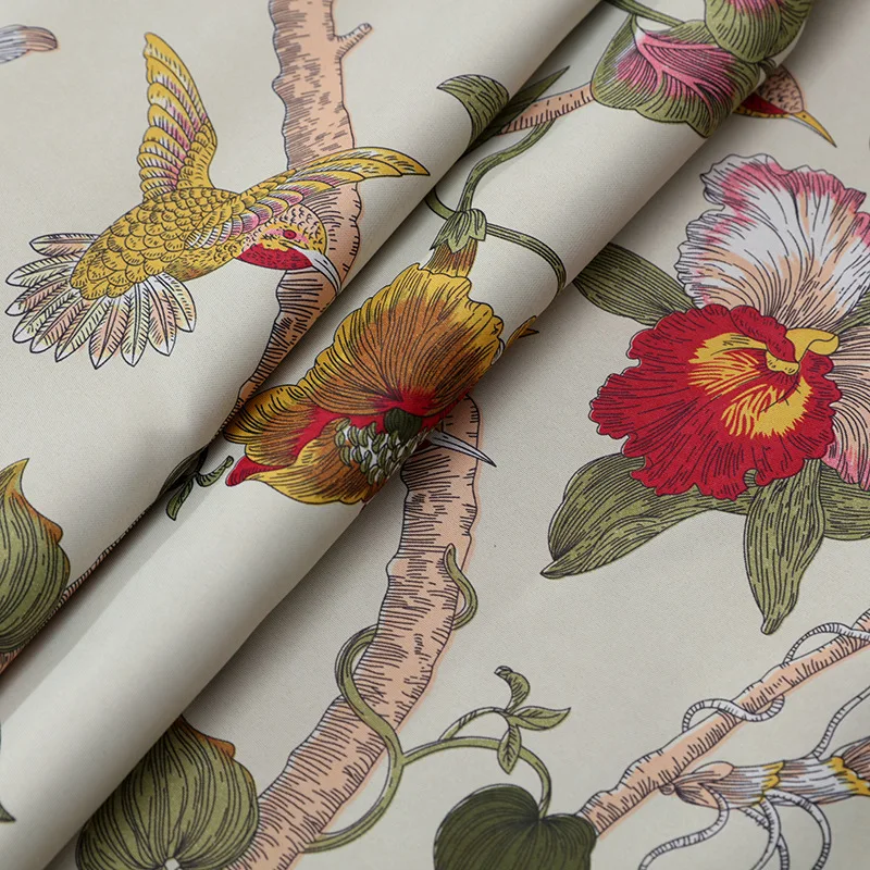 

Black Silk High Shading Curtain Pastoral Style Flower and Bird Printed Curtains Finished Custom Curtains for Living Room Bedroom