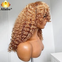 aliafee honey blonde human hair wig full machine made wig with bangs 180 density peruvian remy curly human hair wig with bangs