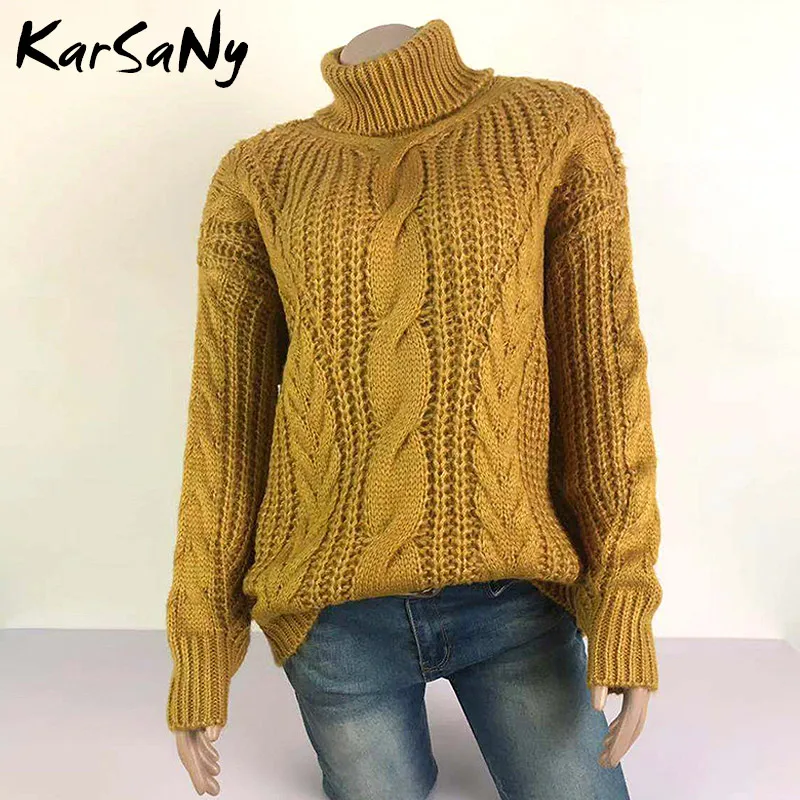 Yellow KarSaNy, Женская водолазка, свитер большого размера, джемпер, зима, свободная белая водолазка, свитер грубой вязки, винтажные свитера - Цвет: Yellow