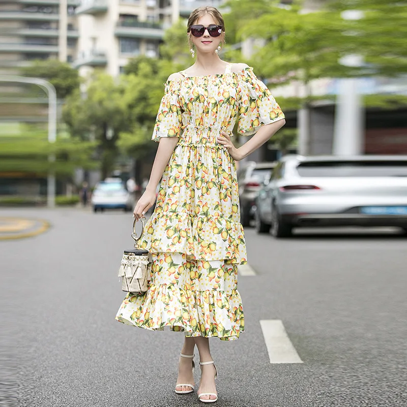 

White Print Lemon Floral Summer Girls Dresses Women Long Casual Sexy Office Work Robe Femme Bohemian Dress Plus Size Elastic