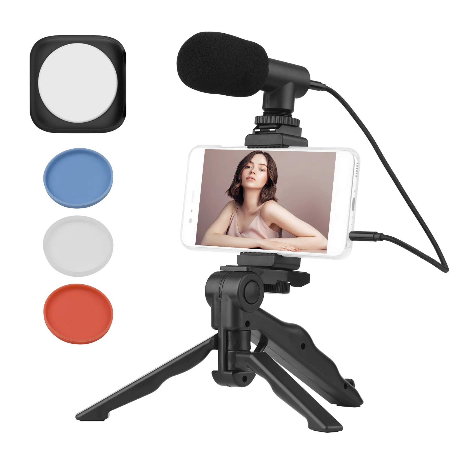 

Smartphone Video Kit with Tripod for phone+Phone Holder+Microphone+ LED Light 5500K with 3 Color Filter(White/Red/Blue)Streaming