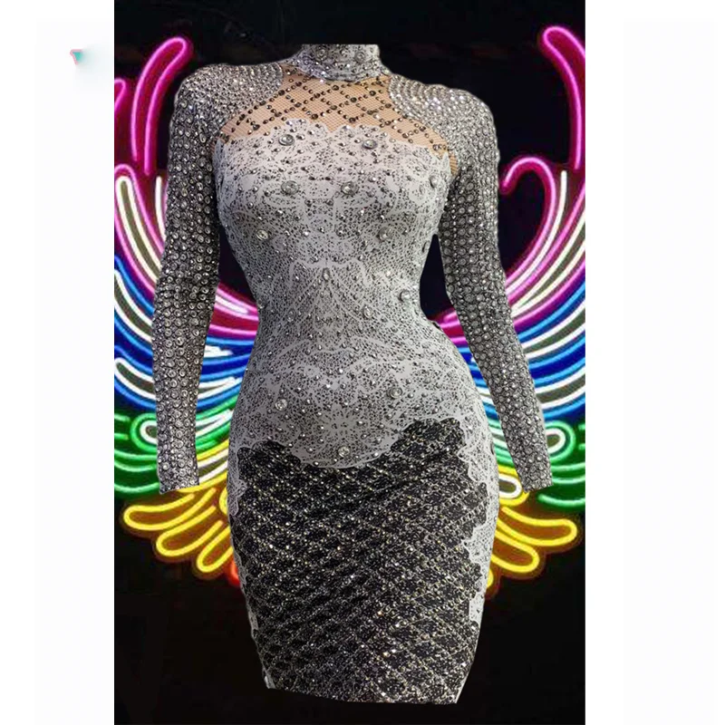 

Праздничное вечернее платье, блестящие платья Стразы с жемчугом и длинным рукавом, черно-серое сексуальное платье для дня девушек, шоу