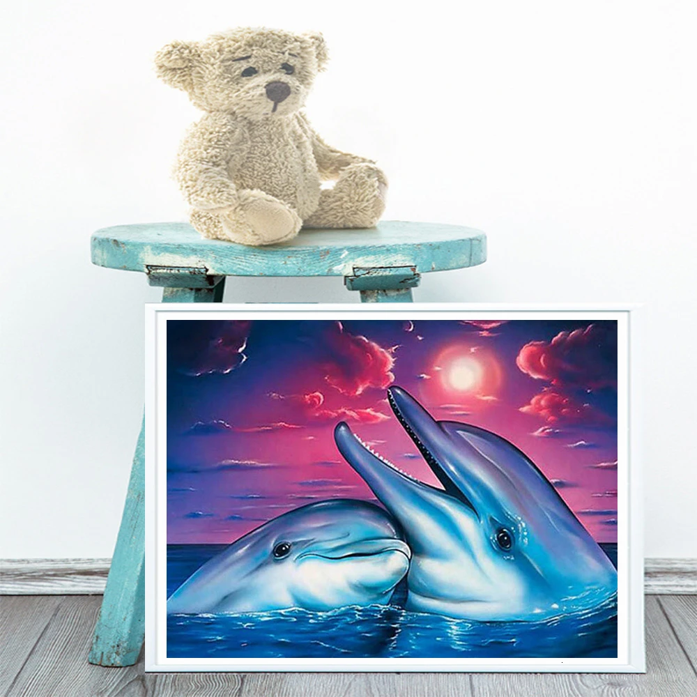 Роспись алмазами животных своими руками (квадратная/круглая форма) вышивка "Рыбы и дельфины" с камнями-ринестонами для осеннего украшения дома.