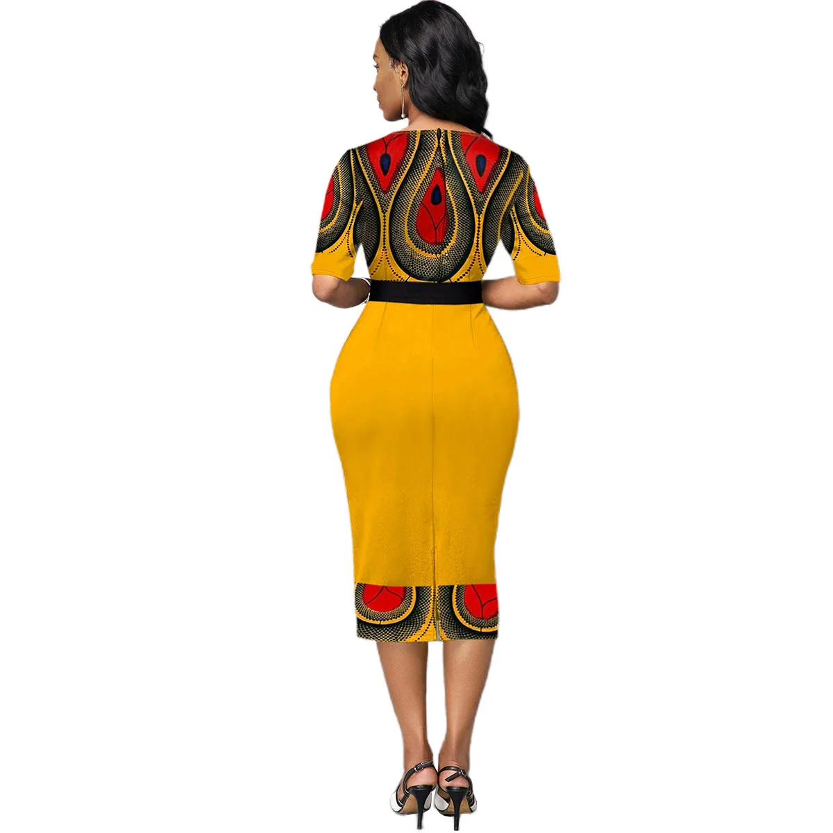 

Women Long Dress Geometric Printed Female Mid Dress Short Sleeve High Waist Patchwork Ladies Summer Party Dress For Grace Women