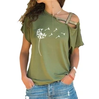 wildflower dandelion print women tshirt cotton casual funny irregular skew cross bandage tops t shirt