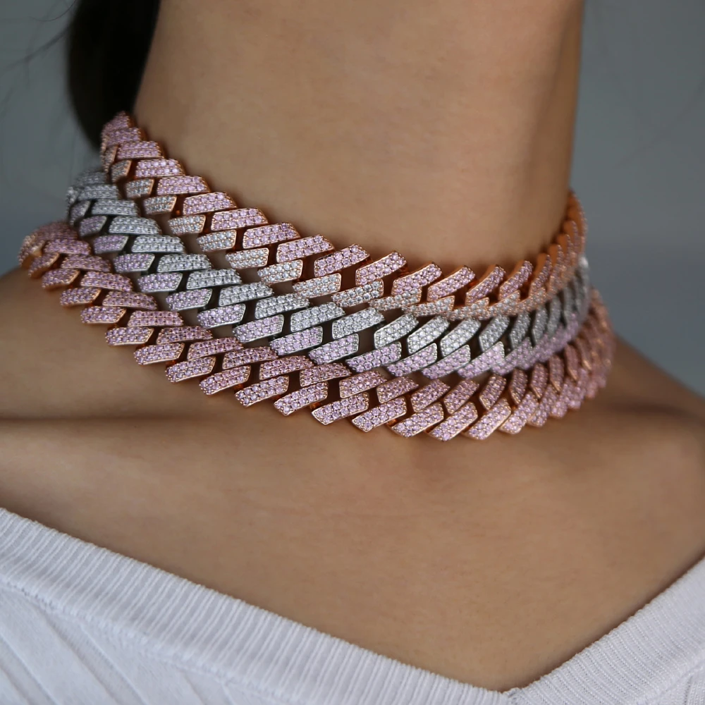 

2021 New hip hop bling women jewelry Iced out bling 5A cubic zirconia heavy chunky cuban chain white pink chain choker necklace