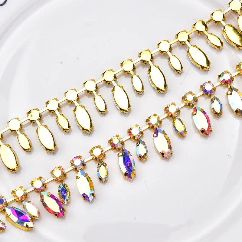AB color with gold 2 20 см/Лот, стеклянные стразы, цепочка, 8 мм, круглая+ 8x13 мм, слеза, прозрачный кристалл, отделка, золотая металлическая основа, 2 см, ширина, для шитья одежды, сделай сам - Цвет: AB color with gold 2
