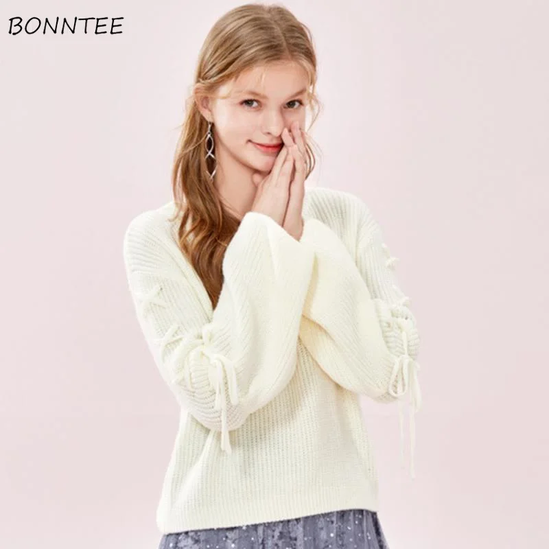 

Pullovers Women Solid O-neck Flare Sleeve Lace Up Korean Style Preppy Vintage Lovely Sweet Ladies Autumn Tops Warm Soft Students