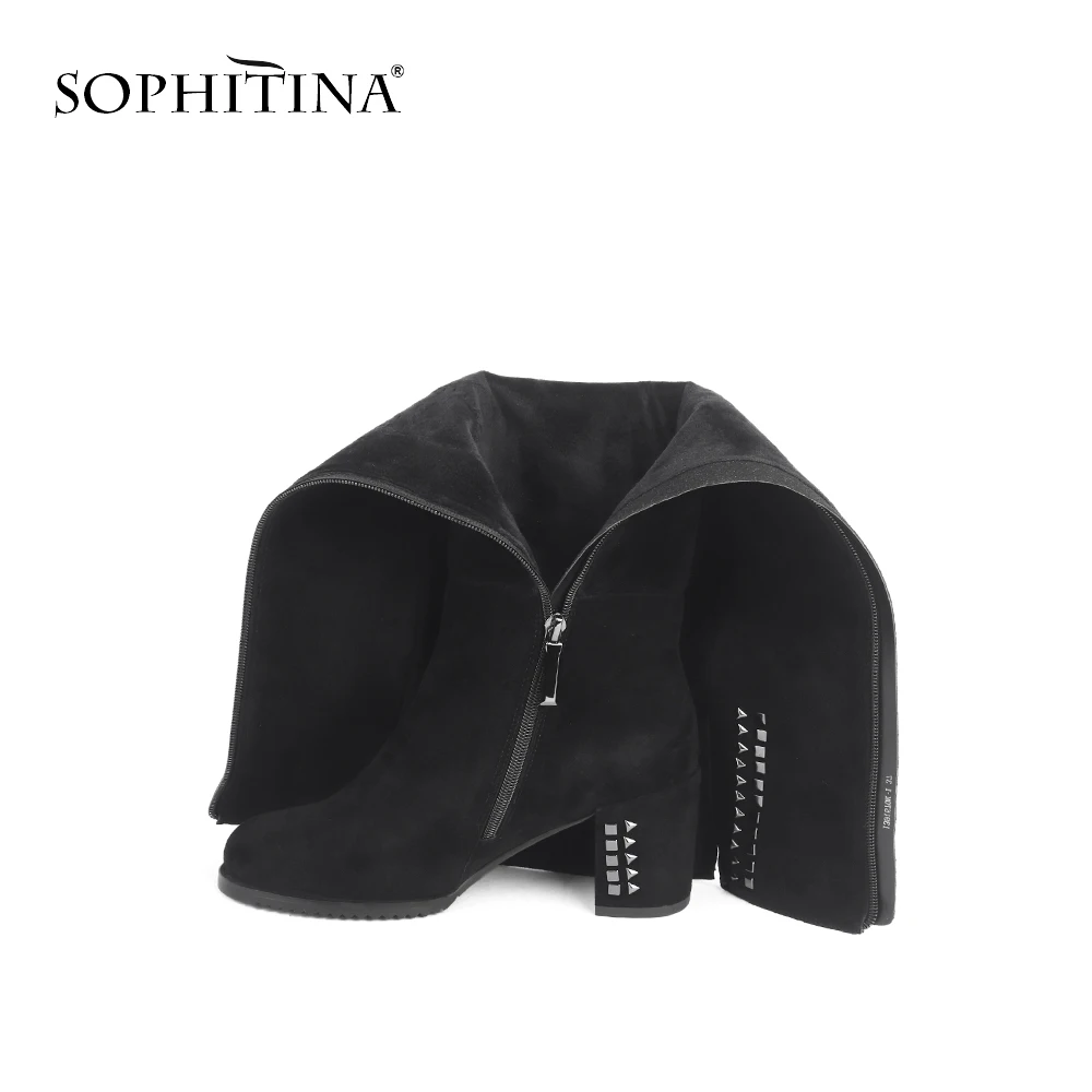 SOPHITINA Brand Boots Woman Handmade Round Toe Square High Heel Winter Boots Kid Suede Knee High Wool Fur Shoes SC206