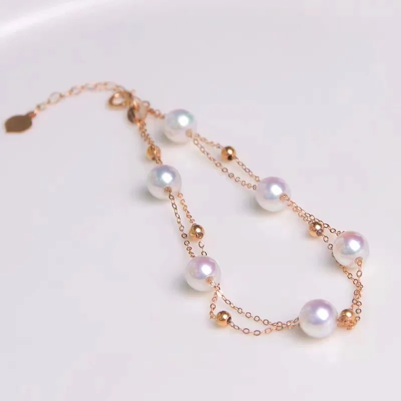 18K Solid Yellow Real Gold Jewelry (AU750) Women Single Grain Pearl Bracelet Chain Natural Sea Pearl Beads  Fashion Lady