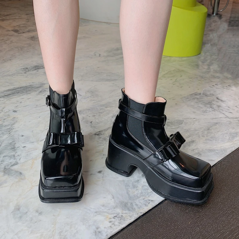 

White Platform Boots Punk Square Toe High Heels Boots Fashion Bow Women Ankle Boots Female Womens Shoes Vrouwen Laarzen