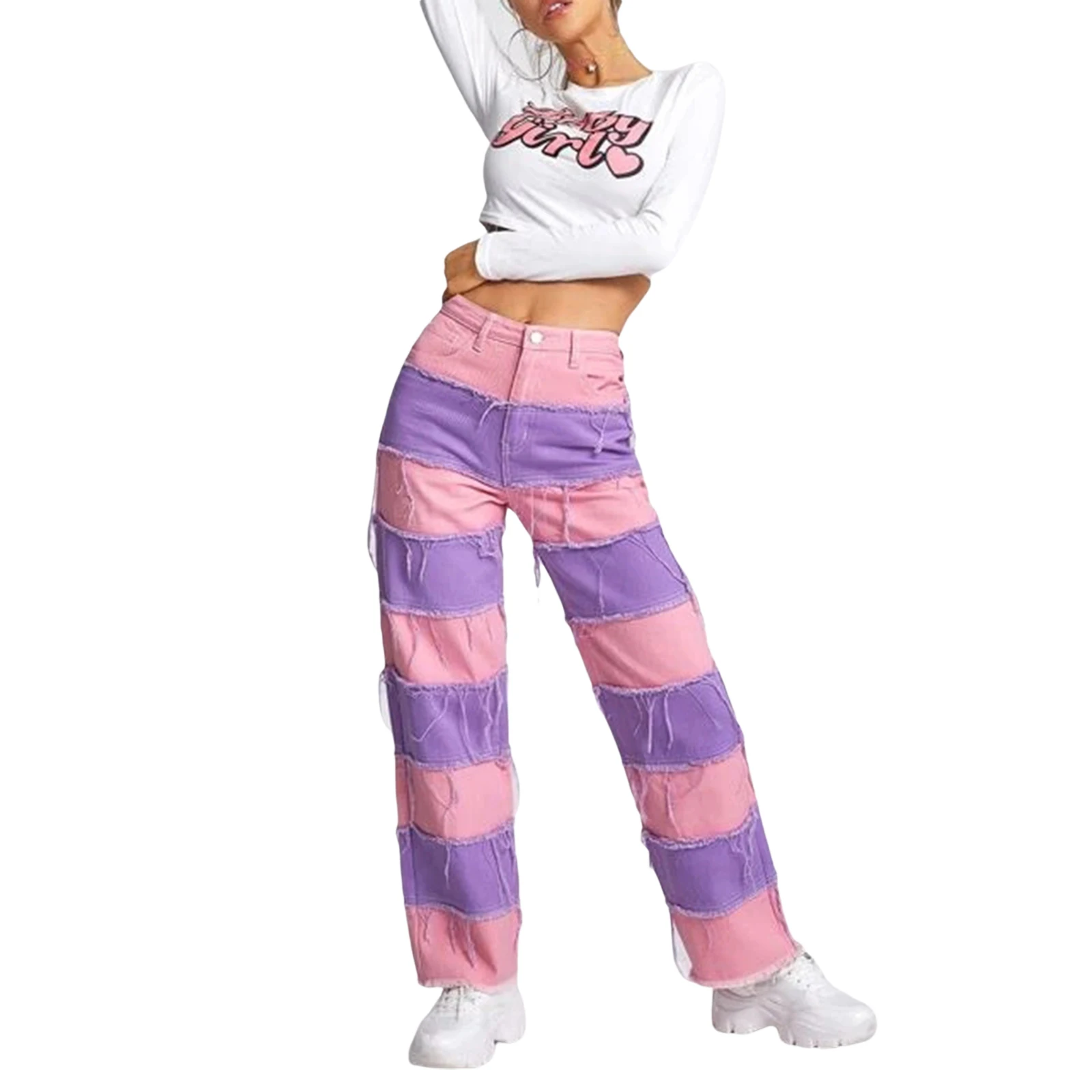

Women's Patchwork Long Pants, Colorblock Straight Leg Baggy Workout Trousers with Pocket