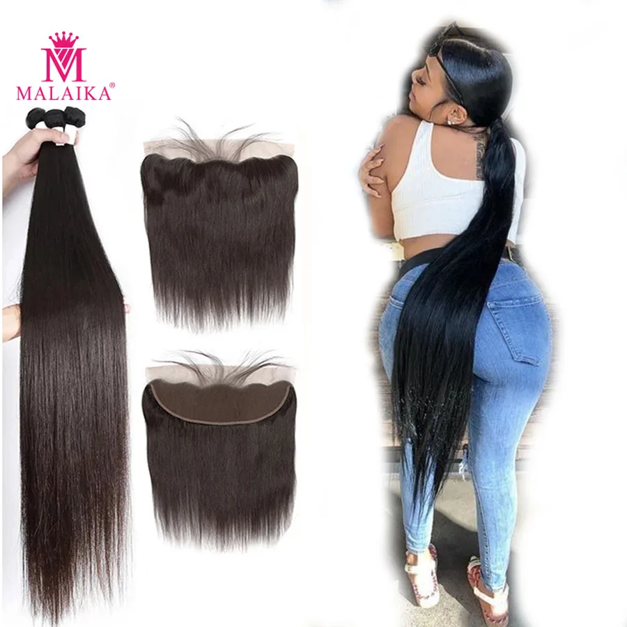 

Malaika 30 32 34 36 Hair Straight Human Hair 13x4 Lace Closure with Bundles 1 3 4 Brazilian Hair Weave Bundles With Frontal