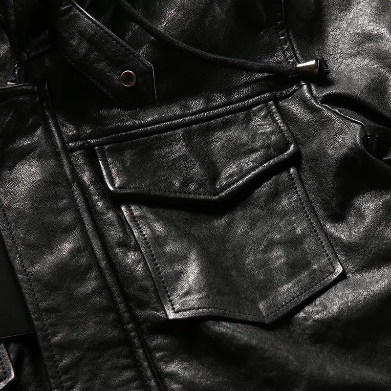 

men's hooded black vegetable tanned sheepskin pockets genuine jacket men autumn leather coat with hat