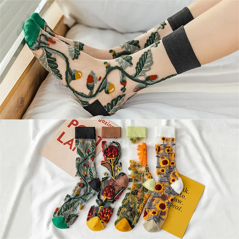 

1 Pair Breathable Ultra Thin Socks Summer Women Transparent Lace Silk Crystal Rose Flower Girls Elastic Short Socks Female Sox