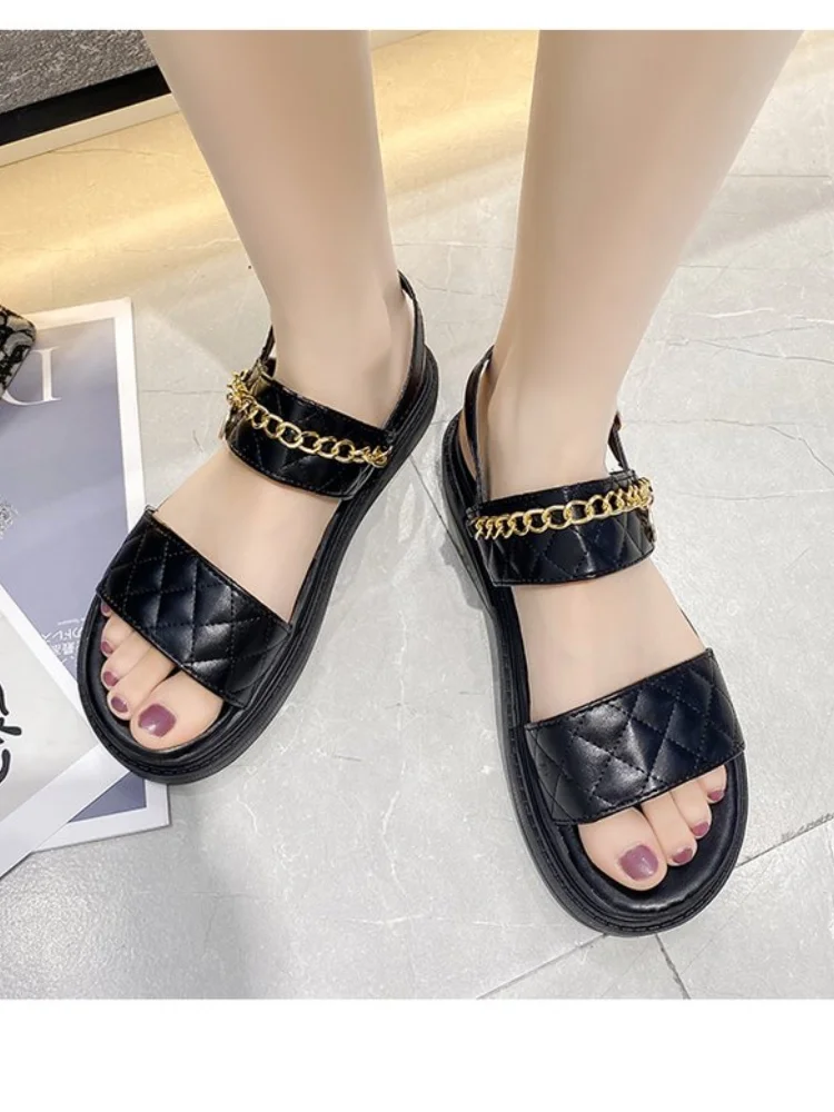 

2021 new Women Sandals Metal Decoration Casual Ankle Strap Soft Flats Front Strap Cool Summer Black Slippers Shoes