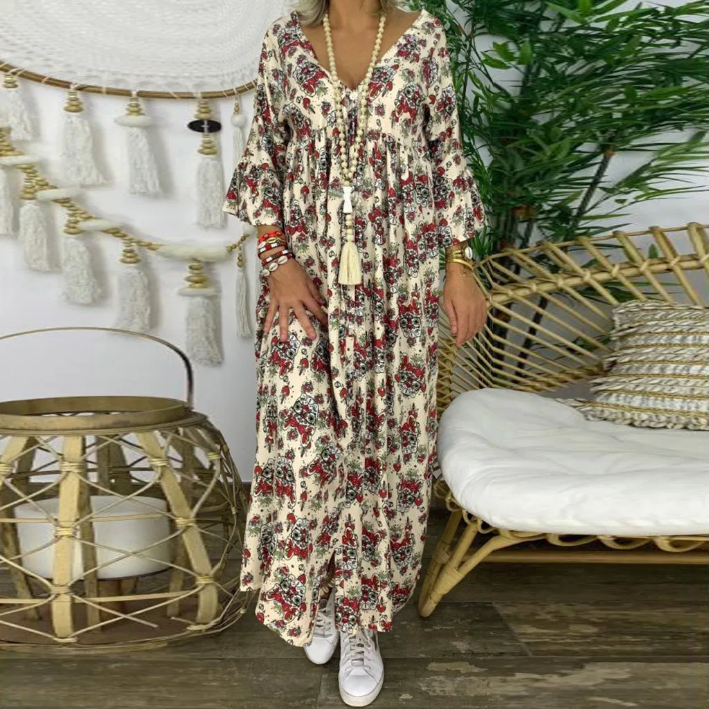 Женское свободное платье с длинным рукавом и V образным вырезом|Женские платья| |