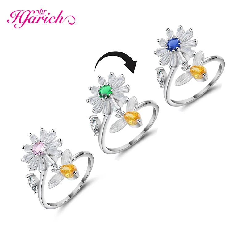 

New Fashion Creative Flower Sweet Bee Daisy Asymmetric Rings Rotate Flower Anxiety Ring Spinner Women Adjustable Finger Jewelry