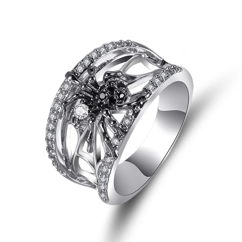 Женское креативное кольцо со стереоскопическим черным цирконием в виде паука