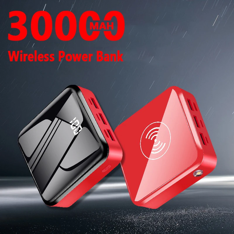 30000mAh QI беспроводной банк силы цифровой дисплей светодиодные фонари Внешняя