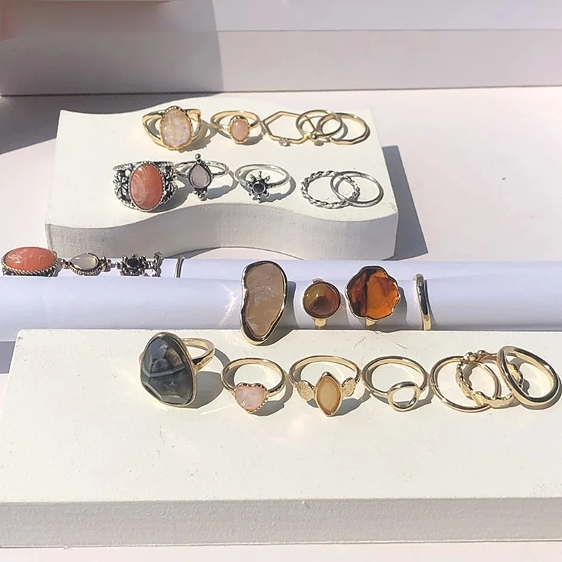 

2021 Vintage Summer Sliver Colour Set Fairy Colorful Stone Metalic Index Finger Ring Trendy Jewelry Rings for Women Girl Party