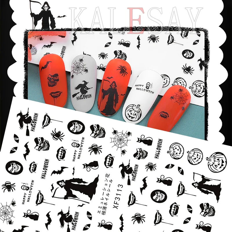 Наклейки для маникюра Nail Art Sticker с изображением смертельного наряда, тыквы, украшений Хэллоуина на ногтях и наклеек с черепами.