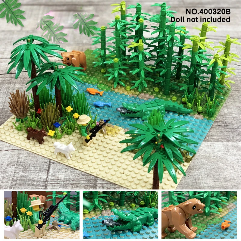 Rainforest Baseplate Parts Animal Green Grass Jungle Bush Flower Tree Plants Building Blocks DIY MOC Assemble Children Toy Gifts
