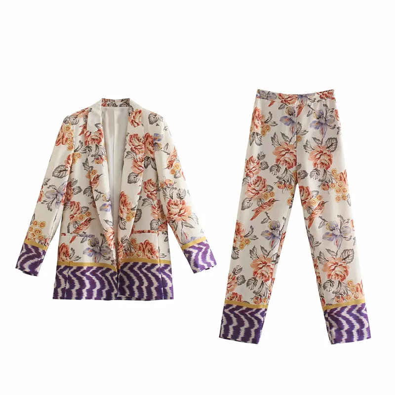 

TRAF Summer Set Woman 2 Pieces Za Pants Sets Vintage Print Woman Blazer Suits Skinny Trousers Women's Suit Blazer And Pants