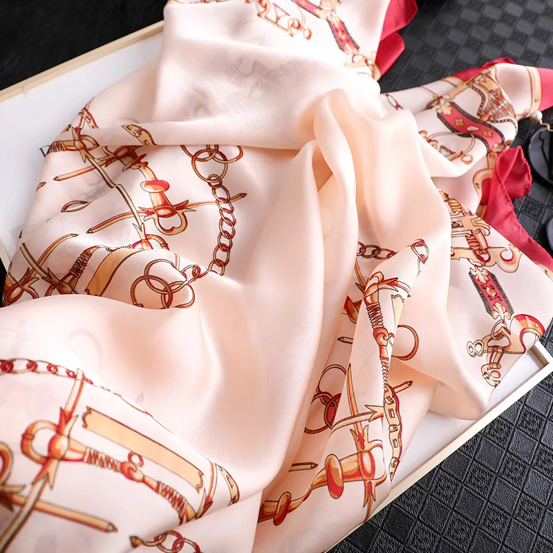 

Women Imitation Silk Scarf Retro Chain Print Shawls Office Lady Soft Wraps Female Headscarf Beach Towel Best Gift 90x180cm