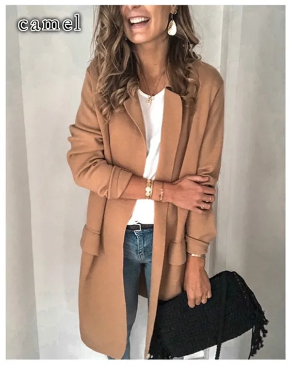 

Women Fashion Autumn Solid Color Coat Long Sleeve Open Front Blazer Office Lady Elegant Wear Lapel Fake Pocket Suit Jacket