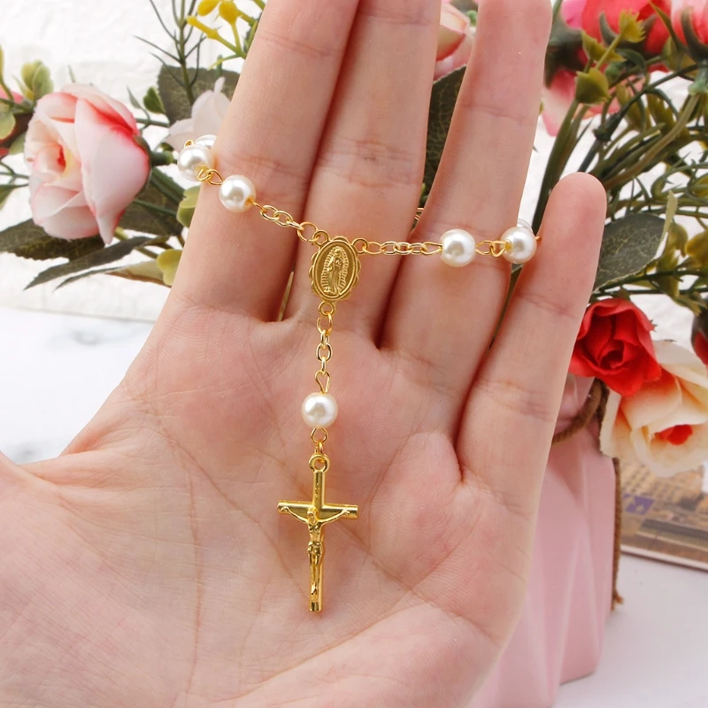 

Catholic Cross Finger Chain Mini Rosary Finger Baptism Rosaries Faux Pearls Bracelet for Baptism Favors Christening