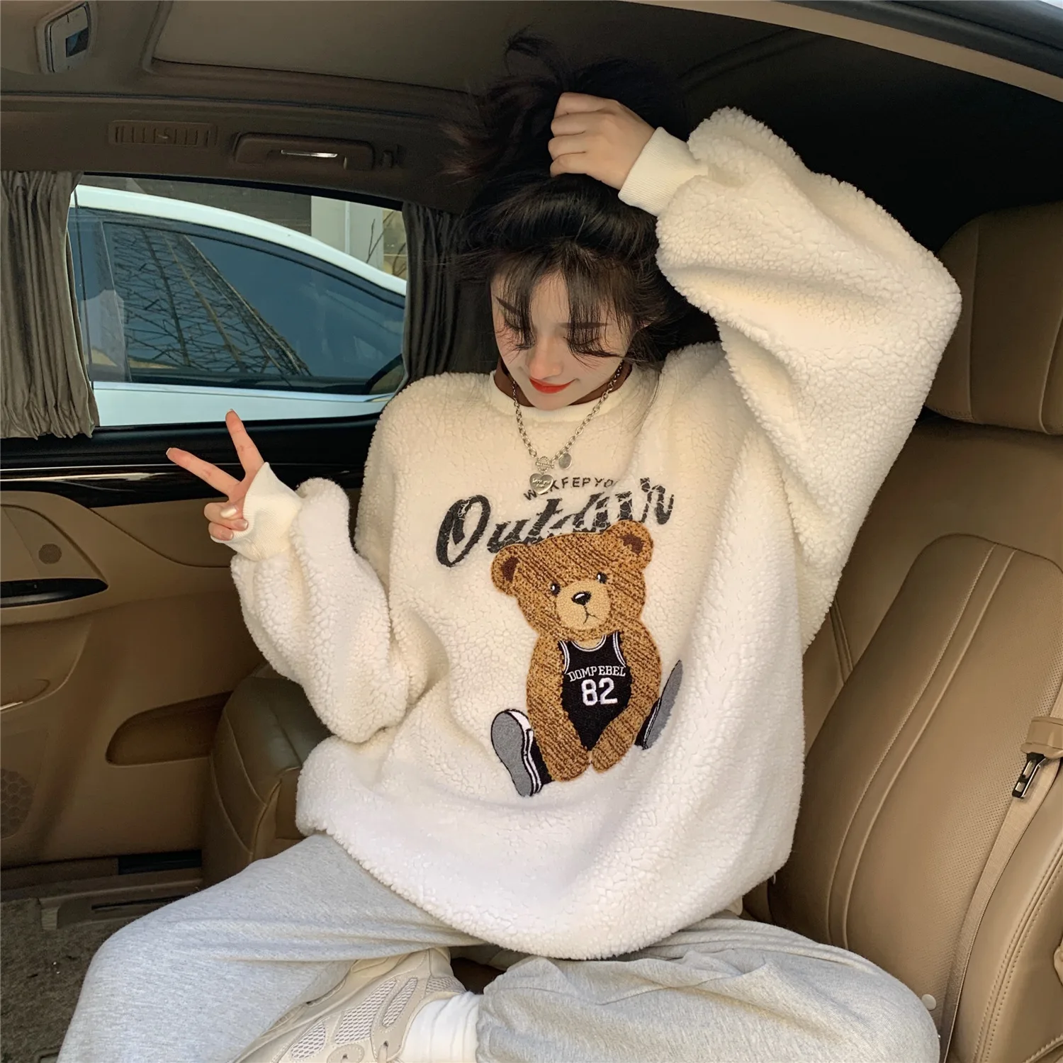 Мужской пуловер с мультяшным медведем Свободный теплый большого размера круглым