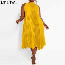 Elegant Satin Slik Dress Women Sexy Sleeveless Stand Collar Evening Party Long Dresses 2021 VONDA  Beach Sundress Casual Vestido