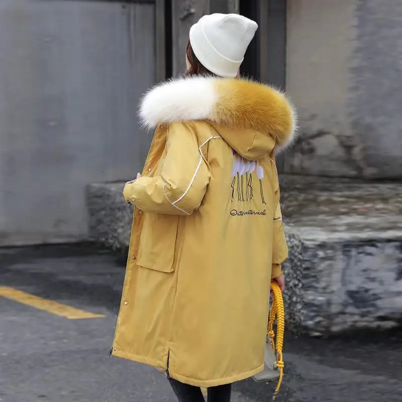 

2019 winter Down Jacket women streetwear Long Embroidery Thickening Cotton Loose Coat with a hood female jackets fur collar