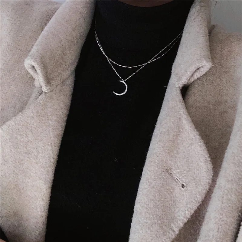 

Hot Fashion 925 Sterling Silver Double-layer Moon Necklace Women Pendant Clavicle Chain Temperament Trendy Jewelry