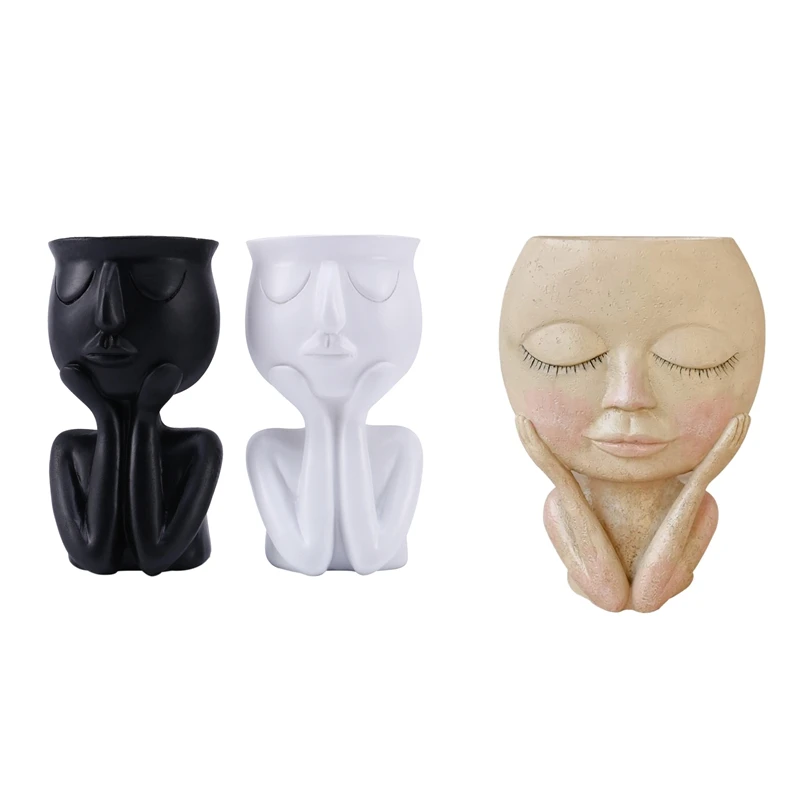 

2 Pc Character Portrait Flower Pot Resin Succulent Plant Pot & 1X Human Face Vase Decoration Doll Resin Flowerpot