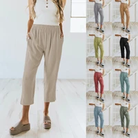 womens latest casual and comfortable cotton and linen series cropped trousers with elastic bands