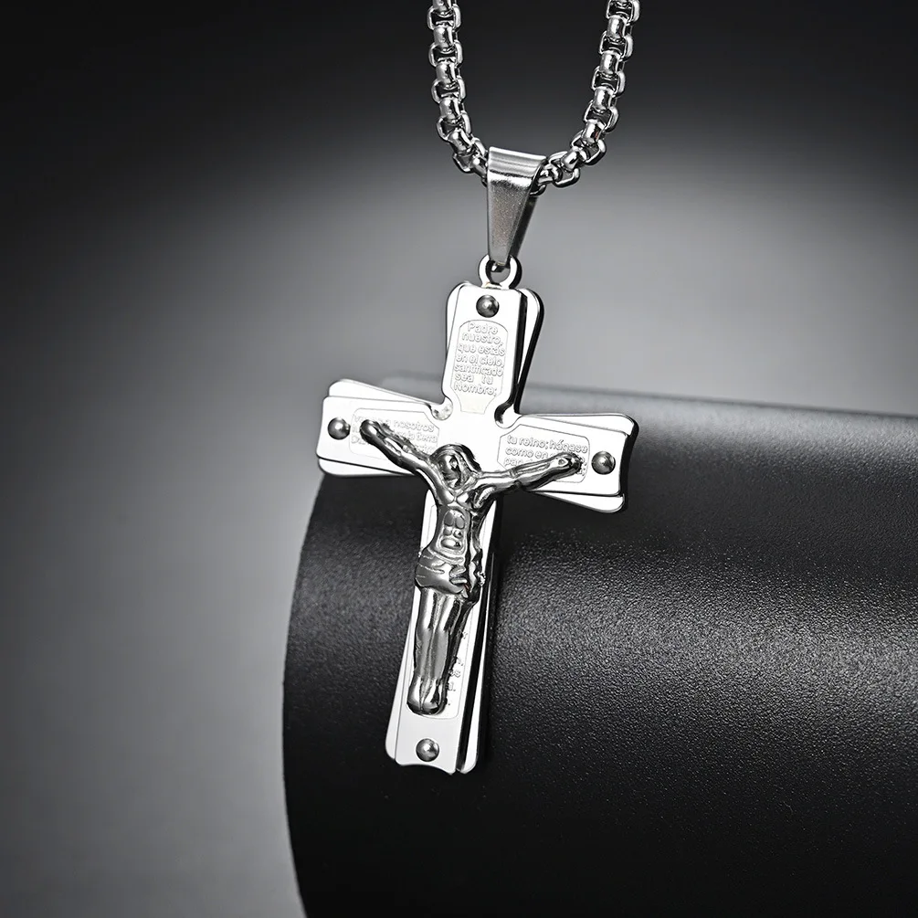 

European And American Style Simple Domineering Retro Titanium Steel Double-layer Cross Pendant Couple Necklace