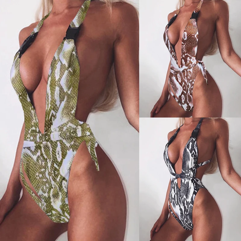 Женский купальник змеиный принт бикини Цельный пуш ап боди высокая талия