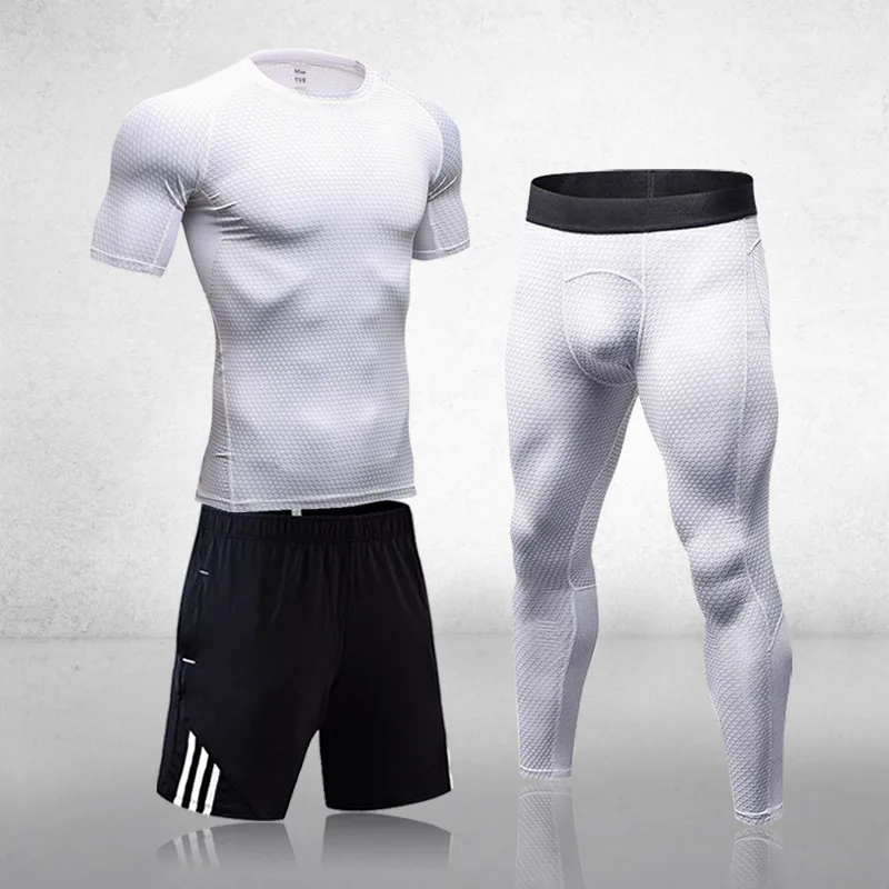 

Men's Fitness Quick-Drying Stretch Short-Sleeved T-Shirt + Leggings + Shorts Men's Sports Suit Quick-Drying Tops Trousers Tights
